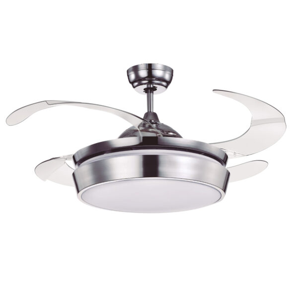 Ventoinha de tecto SIMUN cromada, 4 palas retráteis, 72W LED 3000|4000|6500K, Alt.35xD.107/50cm