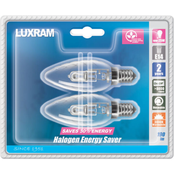 Lâmpada 2x E14 (fino) Vela Torcida ENERGY SAVER Regulável 42W 3000K 610lm -C