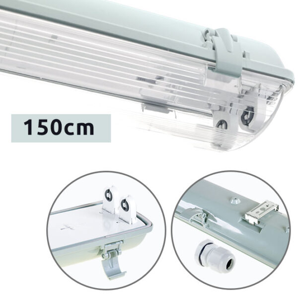 Armadura estanque LINESTA IP65 2xG13 T8 LED 150cm C.156xL.11,5xAlt.9,0cm cinzento