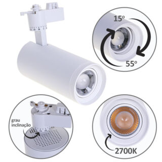 Foco para calha ARGOS (2 condutores) 30W LED 2700K C.7,5xL.8xAlt.23cm branco