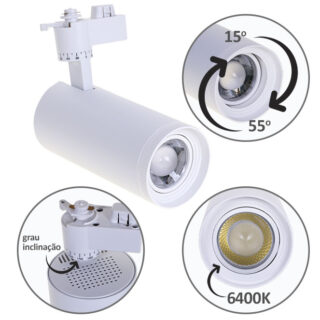 Foco para calha ARGOS (2 condutores) 1x30W LED 6400K C.17xxD.8cm branco