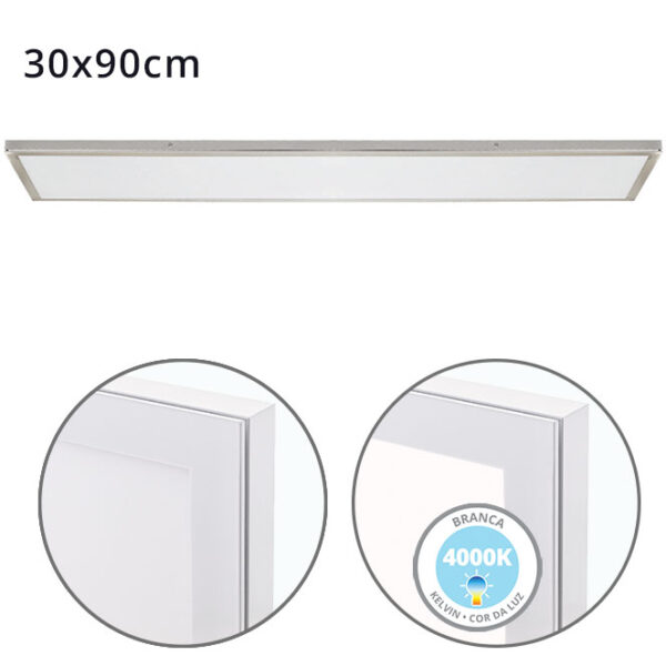 Painel de superfície VOLTAIRE 30x90 72W LED 5760lm 4000K 120° C.90xL.30xAlt.2,3cm níquel