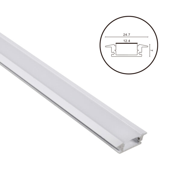 Calha com abas para fita LED branco com difusor opalino (para embutir) L.24,7x Alt.7mm