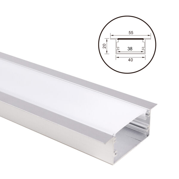Calha com abas para fita LED com difusor opalino (para embutir) L.55x Alt.20mm