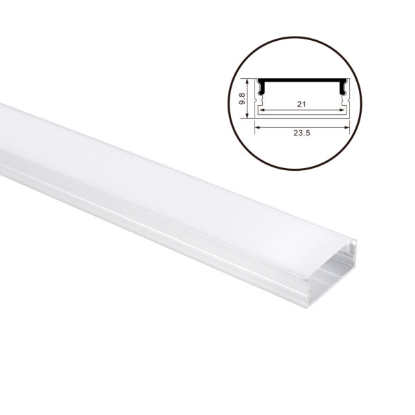 Calha sem abas para fita LED com difusor opalino L.23,5x Alt.9,8mm