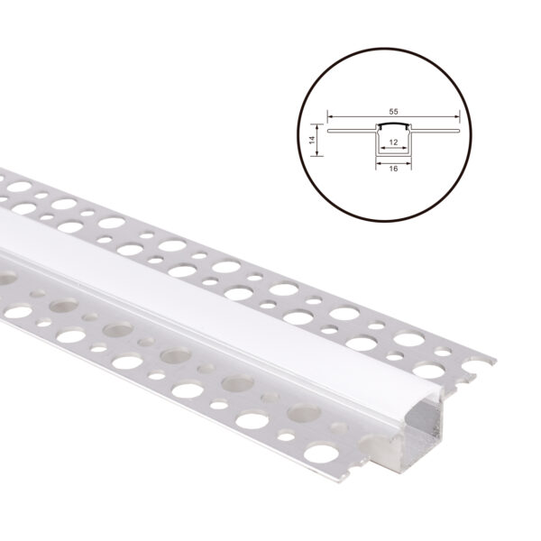 Calha de pladur para fita LED com difusor opalino L.55x Alt.14mm