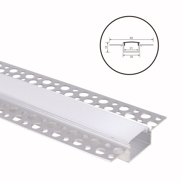 Calha de pladur para fita LED com difusor opalino L.62x Alt.15mm