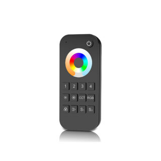 Comando remoto RF com roda tátil RGB+CCT, 4 zonas, com luz indicadora LED, com íman (pilhas 2xAAA)