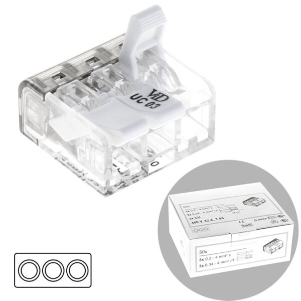 Ligador com patilha 3 polos 0,2-4mm2 450V 32A em policarbonato (cx 50pcs)