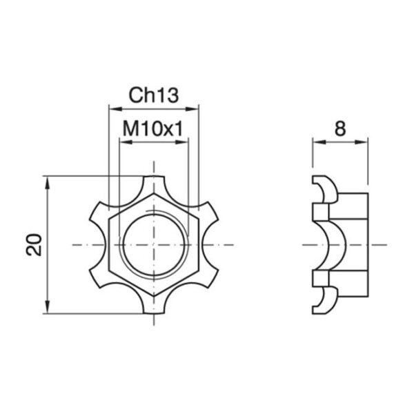 Porca anti-rotação 13mm e rosca M10, em resina termoplástica - Image 2