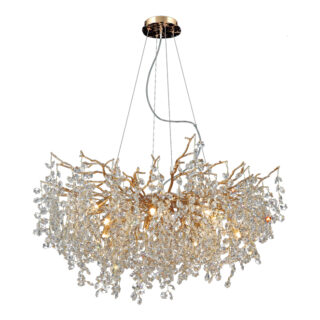 Candeeiro tecto AMPEZZO 11xG9 Alt.Reg.xD.100cm com cristais transparentes e armação dourada
