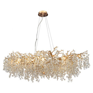Candeeiro tecto AMPEZZO 18xG9 C.150xL.75xAlt.Reg. com cristais transparentes  e armação dourada