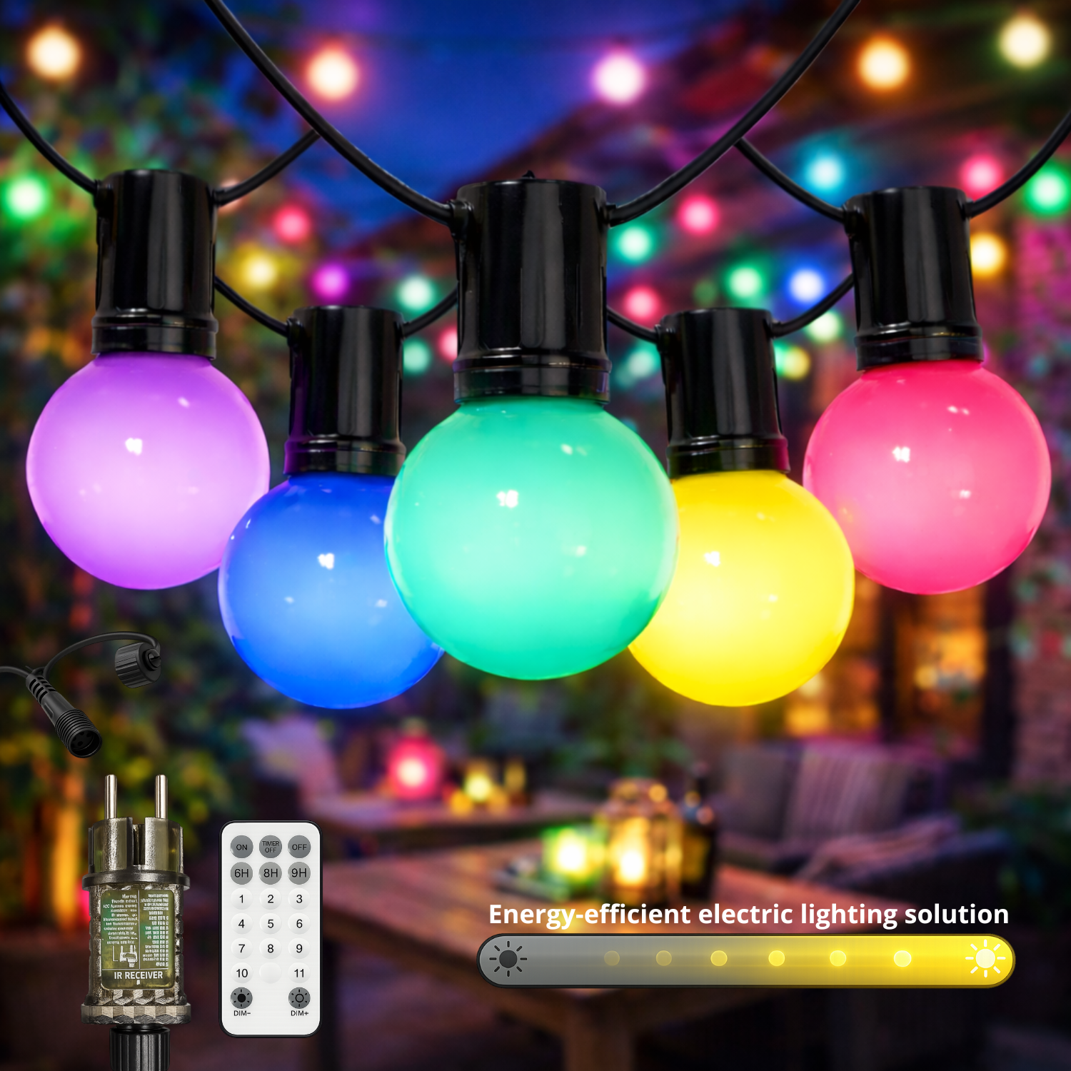 Grinalda de 10 lâmpadas 6,5M Exterior IP44 cabo elétrico RGB+W