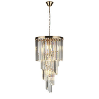 Candeeiro de tecto OLFUS 9xE14 Alt.180(máx.)xD.40cm com cristais transparentes e chapa dourada