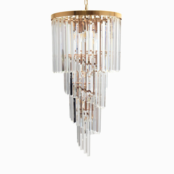 Candeeiro de tecto OLFUS 9xE14 Alt.180(máx.)xD.40cm com cristais transparentes e chapa dourada - Image 2