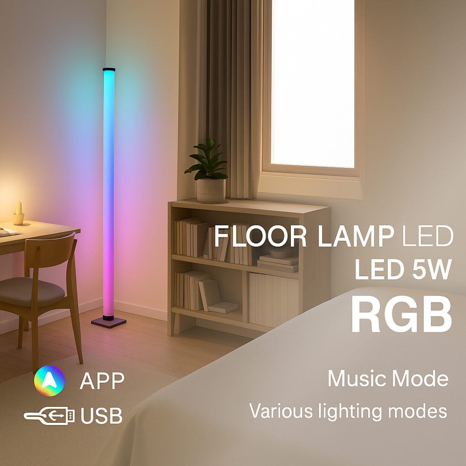 Luminária de chão RGBIC 5V DC com controle remoto e aplicativo RGBIC - Image 3