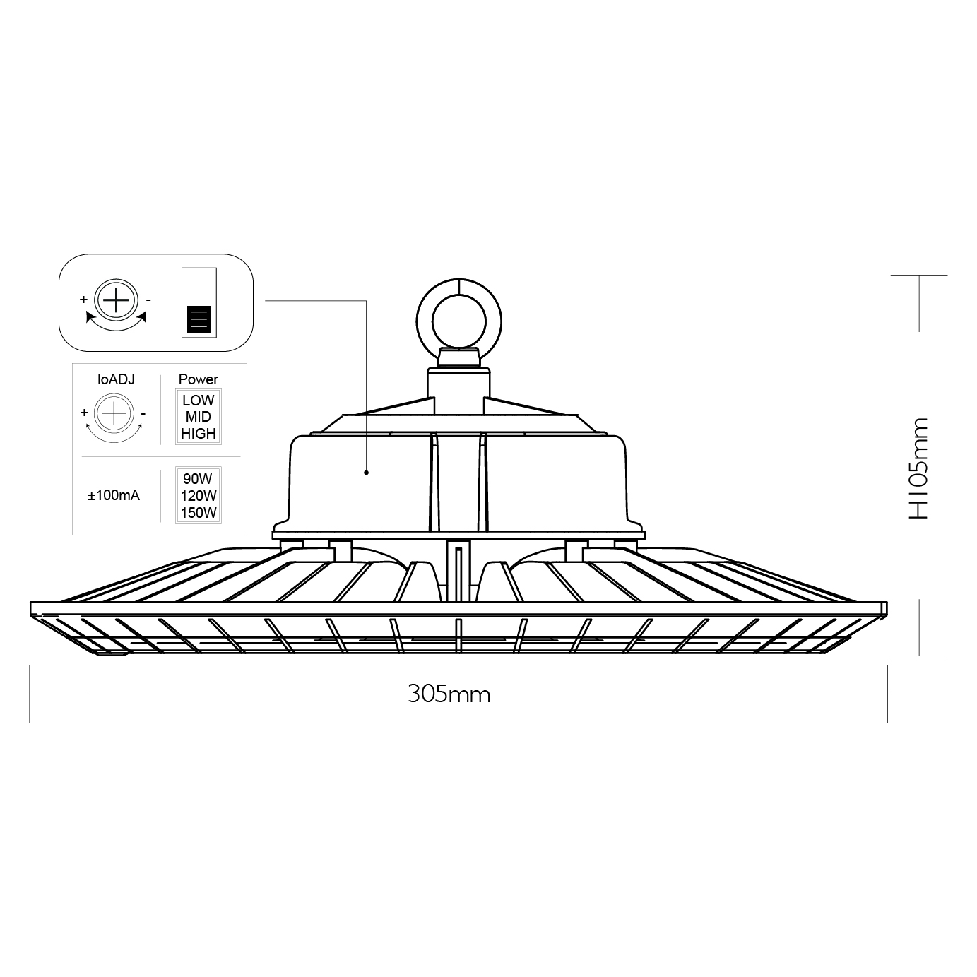 Campânula MEGAVISION IP65 150W/120W/90W LED 150lm/W 6500K 90° Alt.11xD.36cm preto - Image 5