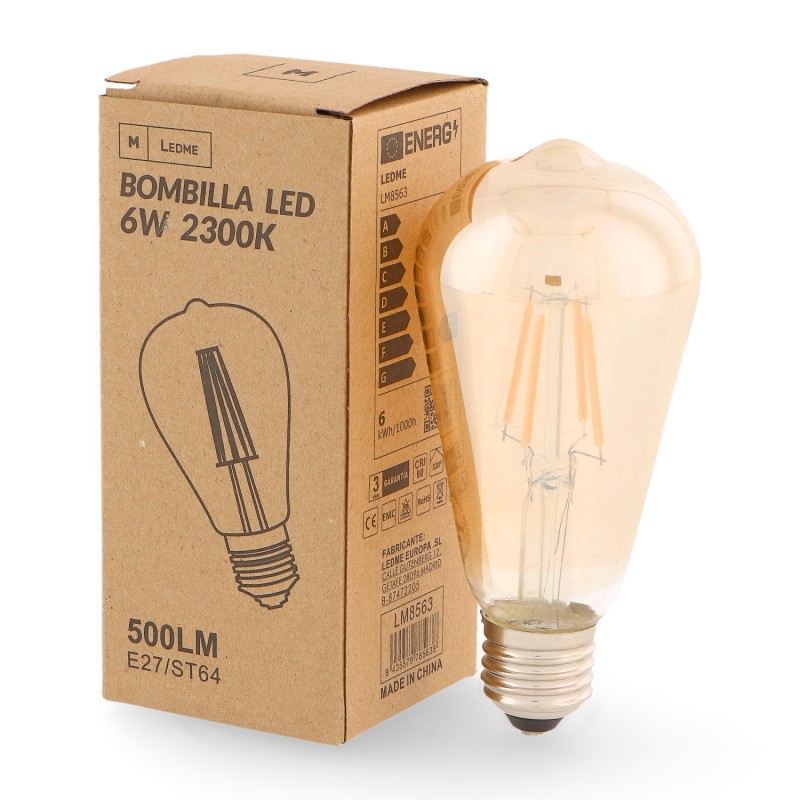 Lâmpada LED Filamento E27 ST64 6W Ámbar 2300K