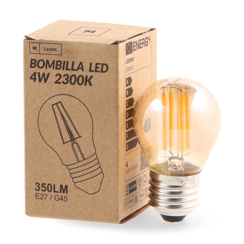 Lâmpada LED Filamento E27 G45 4W Ámbar 2300K