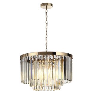 Candeeiro de tecto OLFUS 5xE14 Alt.120 (máx)xD.40cm com cristais transparentes e chapa dourada