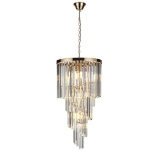 Candeeiro de tecto OLFUS 9xE14 Alt.180(máx.)xD.40cm com cristais transparentes e chapa dourada