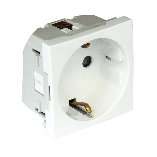 Tomada schuko QUADRA45 (2 módulos) 16A 250Vac com alvéolos planos e ligação rápida, em branco mate
