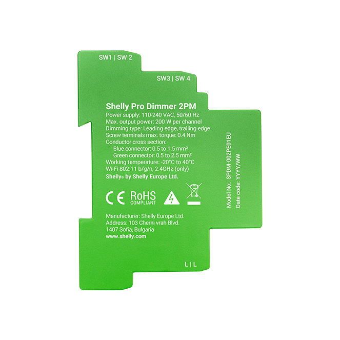Shelly Pro Dimmer 2PM — Regulador de intensidade 2 canais 16A c/medição, calha DIN - Image 3