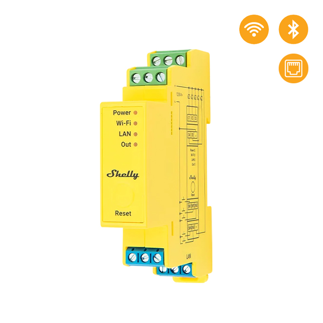Shelly Pro RGBWW PM — Controlador LED 5 canais c/ Medição, calha DIN, Wi-Fi + Bluetooth + LAN